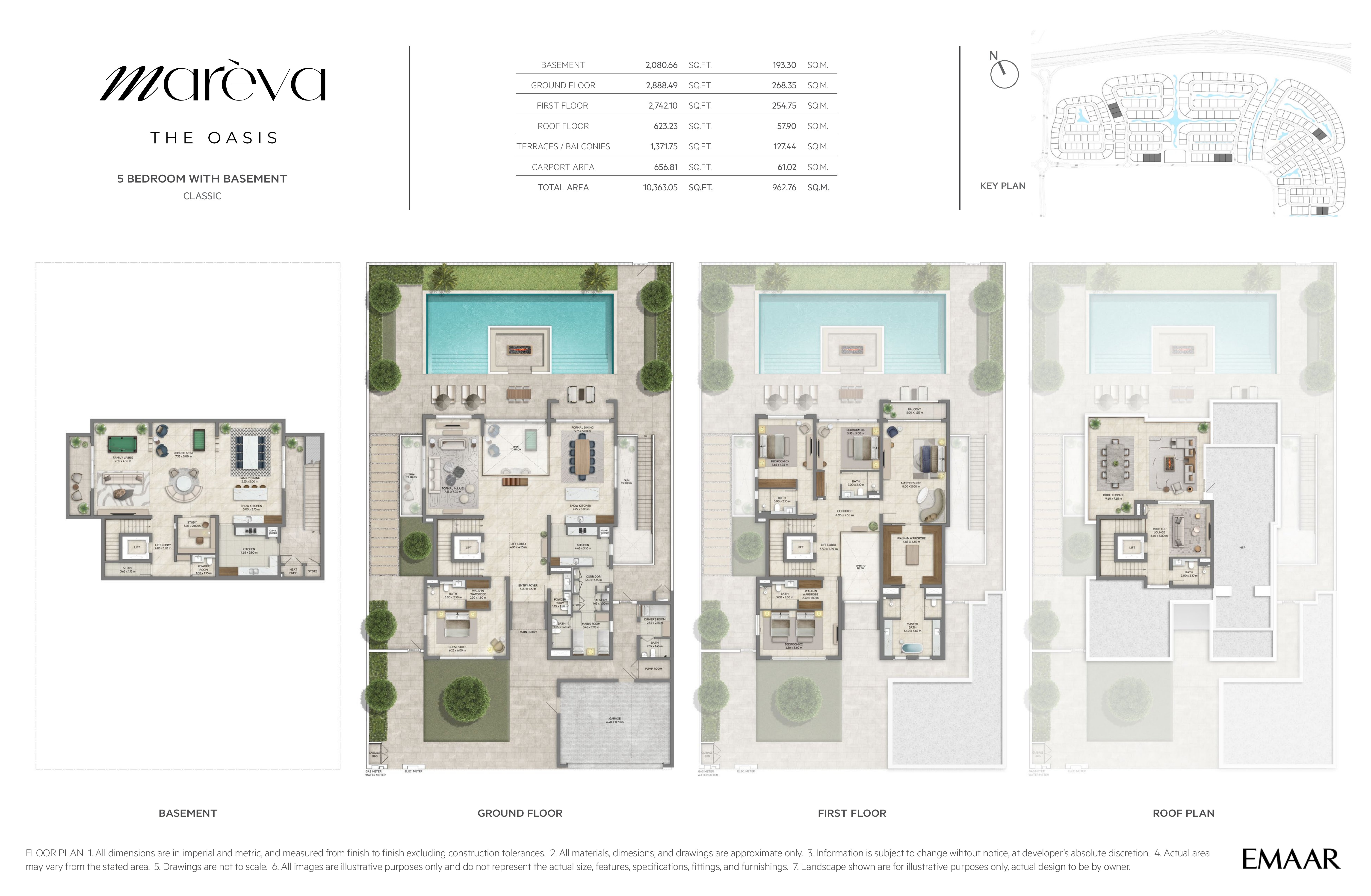 Mareva Collection 5 Bedroom floor plan — Classic villa with basement — basement, ground, first and roof floor plans (10,363 sq ft / 963 sq m total)