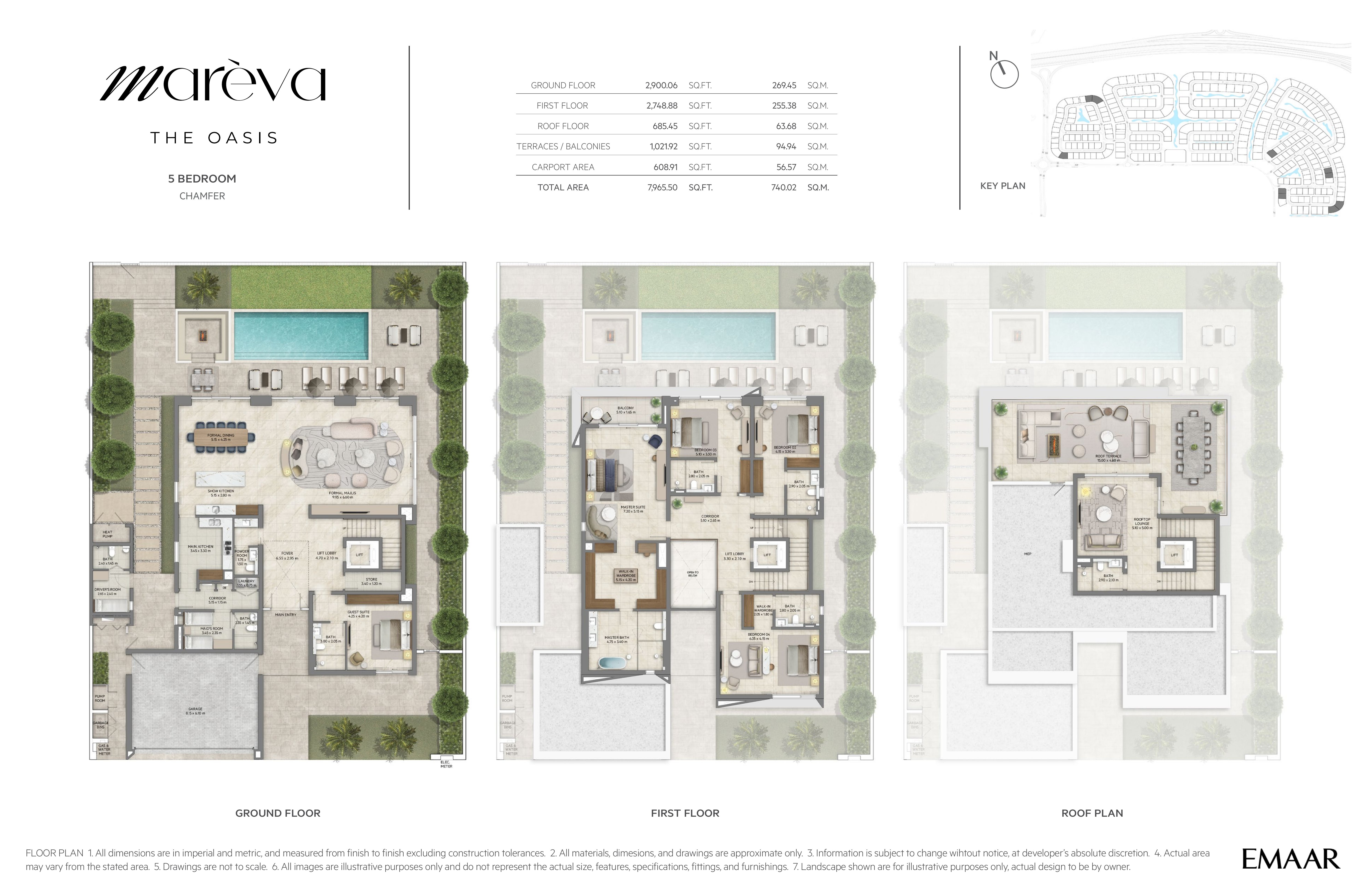 Mareva Collection 5 Bedroom floor plan — Chamfer villa — ground, first and roof floor plans (7,965 sq ft / 740 sq m total)