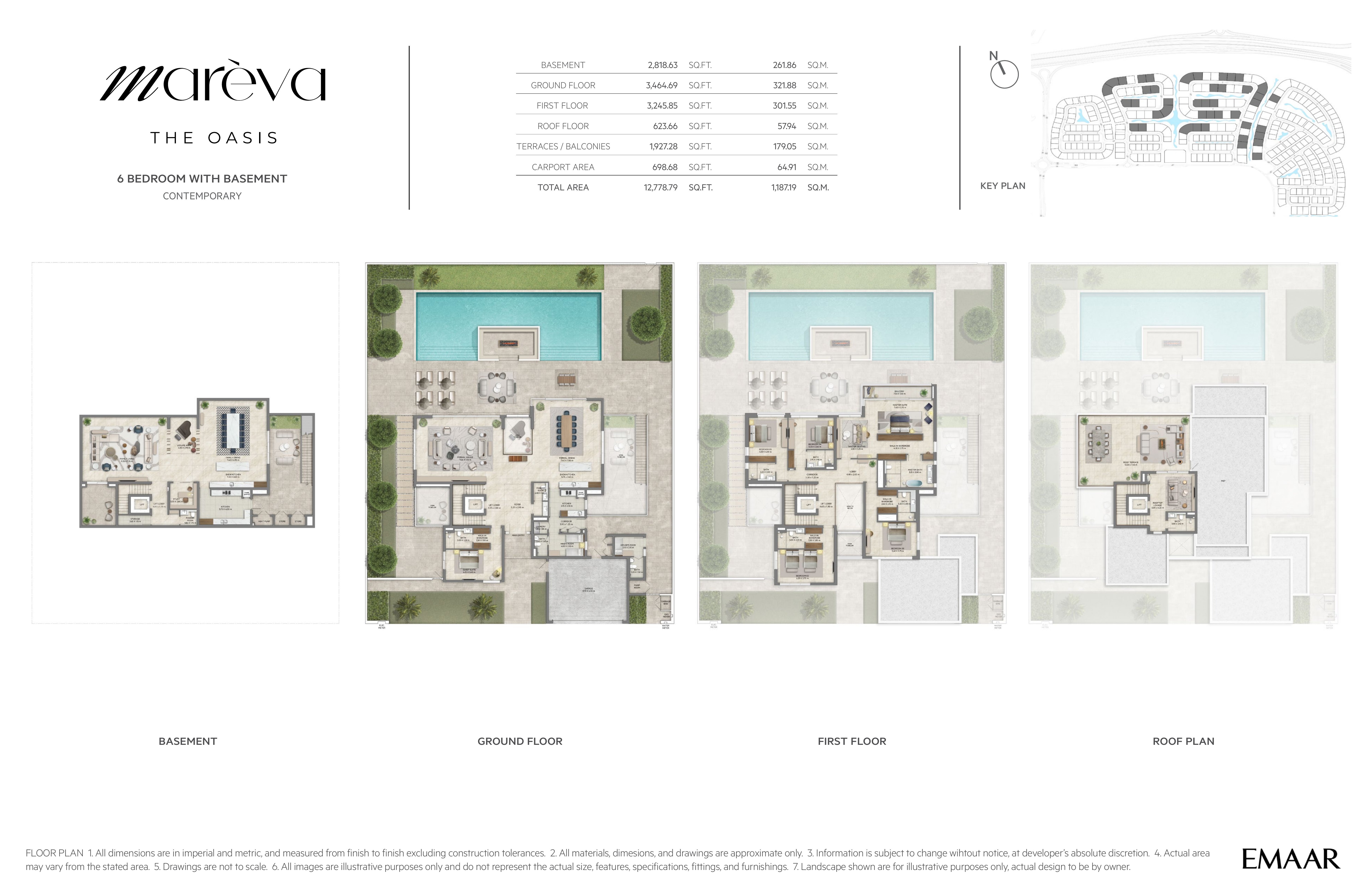 Mareva Collection 6 Bedroom floor plan — Contemporary villa with basement — basement, ground, first and roof floor plans (12,779 sq ft / 1,187 sq m total)