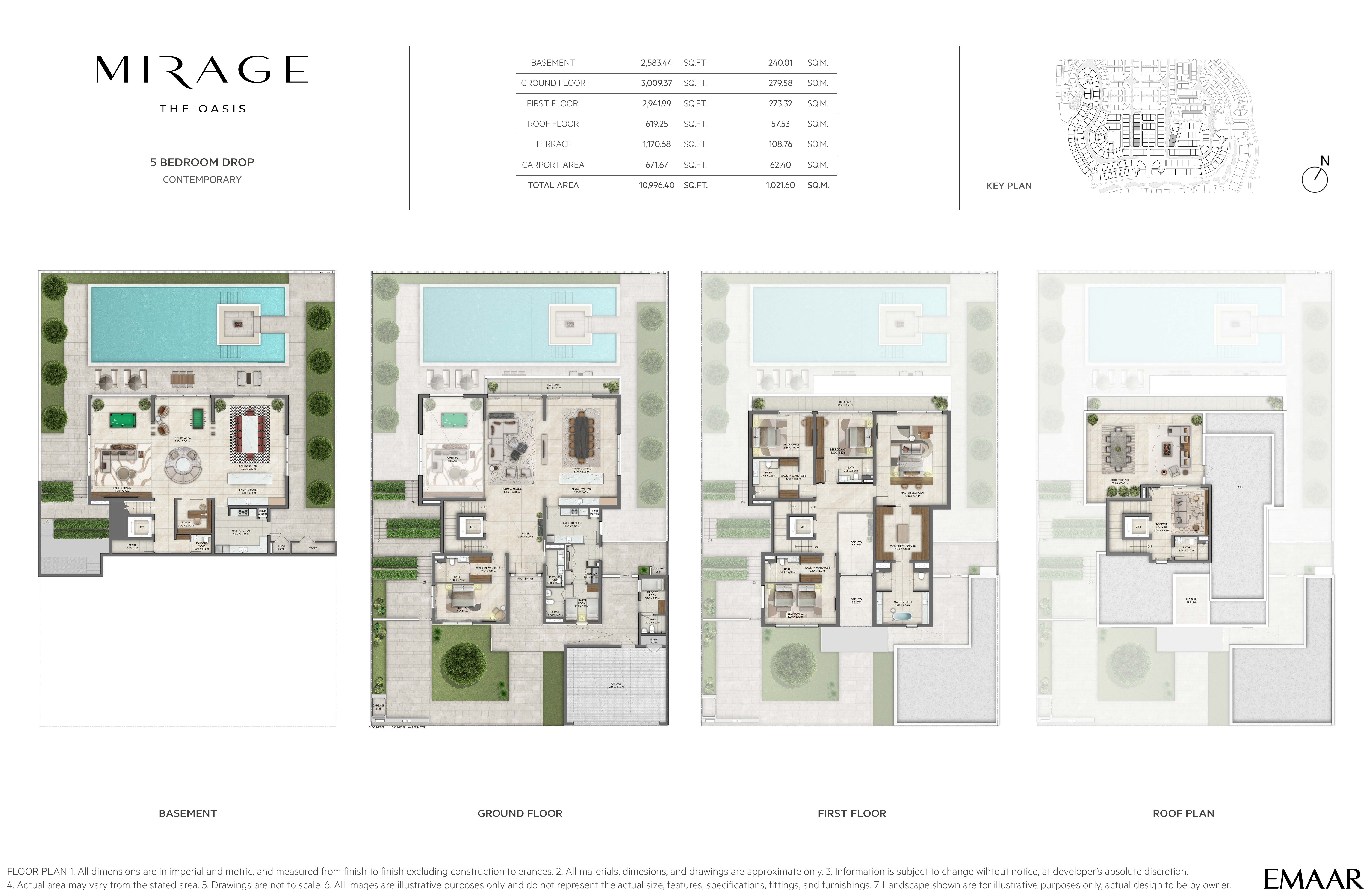 Mirage 5 Bedroom Drop — Contemporary floor plan — basement, ground, first & roof plans