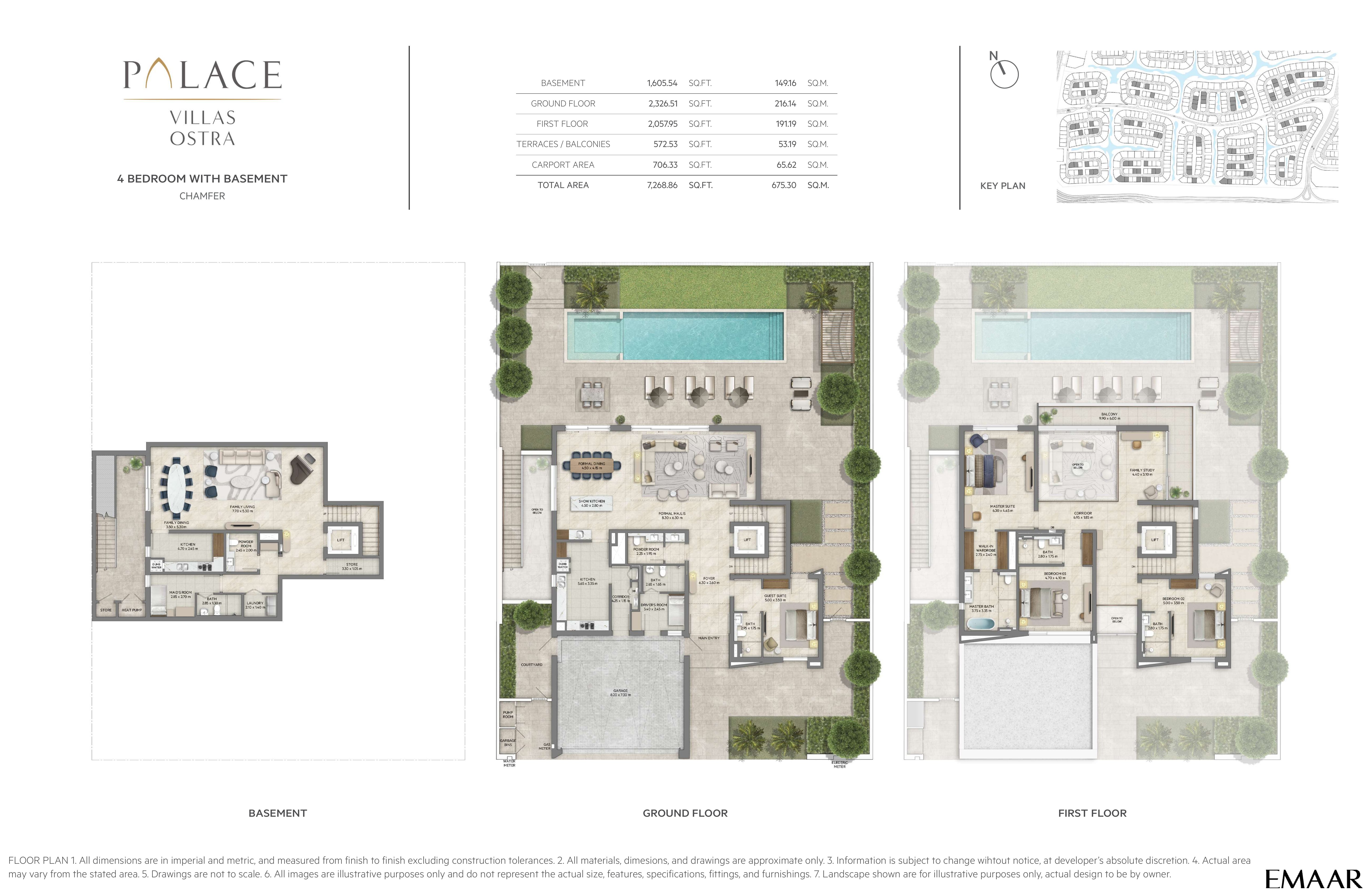 Palace Villas Ostra 4 Bedroom floor plan — 4 Bedroom with Basement, Chamfer – basement, ground and first floor plans (7,269 sq ft total)
