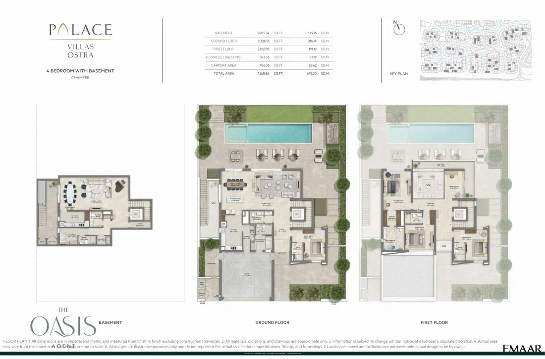 Palace Villas Ostra 4 Bedroom floor plan — 4 Bedroom with Basement, Chamfer – basement, ground and first floor plans (7,269 sq ft total)