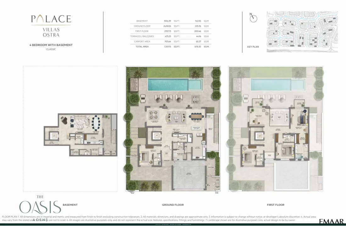 Palace Villas Ostra 4 Bedroom floor plan — 4 Bedroom with Basement, Classic – basement, ground and first floor plans (7,301 sq ft total)