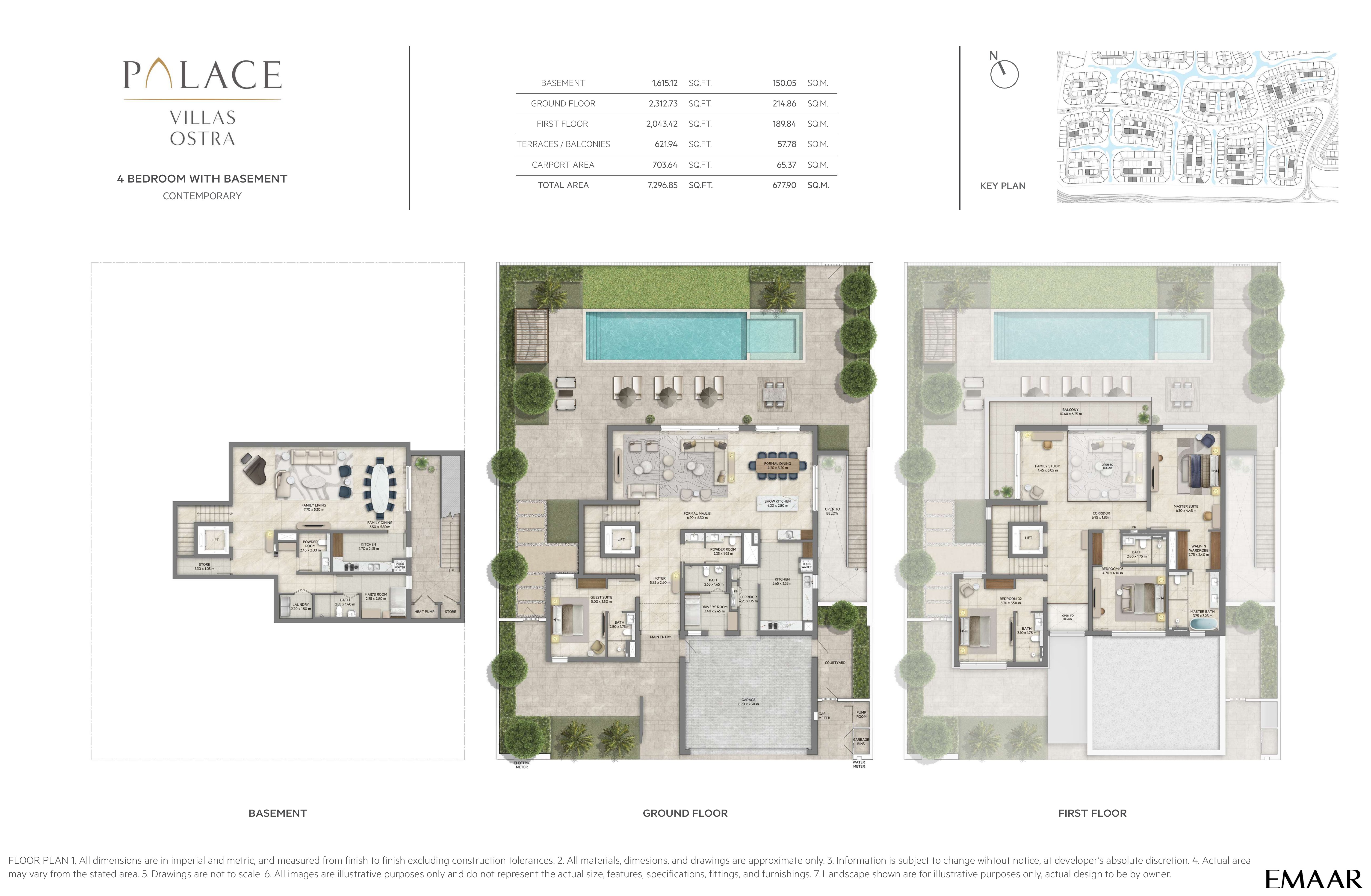 Palace Villas Ostra 4 Bedroom floor plan — 4 Bedroom with Basement, Contemporary – basement, ground and first floor plans (7,297 sq ft total)