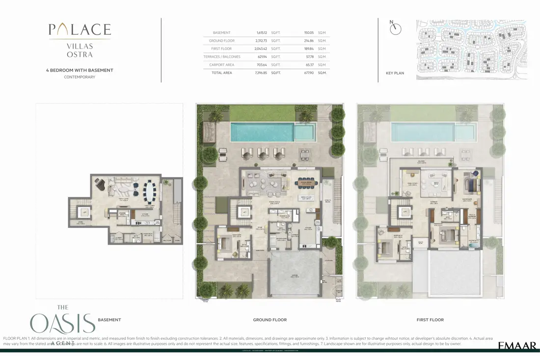 Palace Villas Ostra 4 Bedroom floor plan — 4 Bedroom with Basement, Contemporary – basement, ground and first floor plans (7,297 sq ft total)
