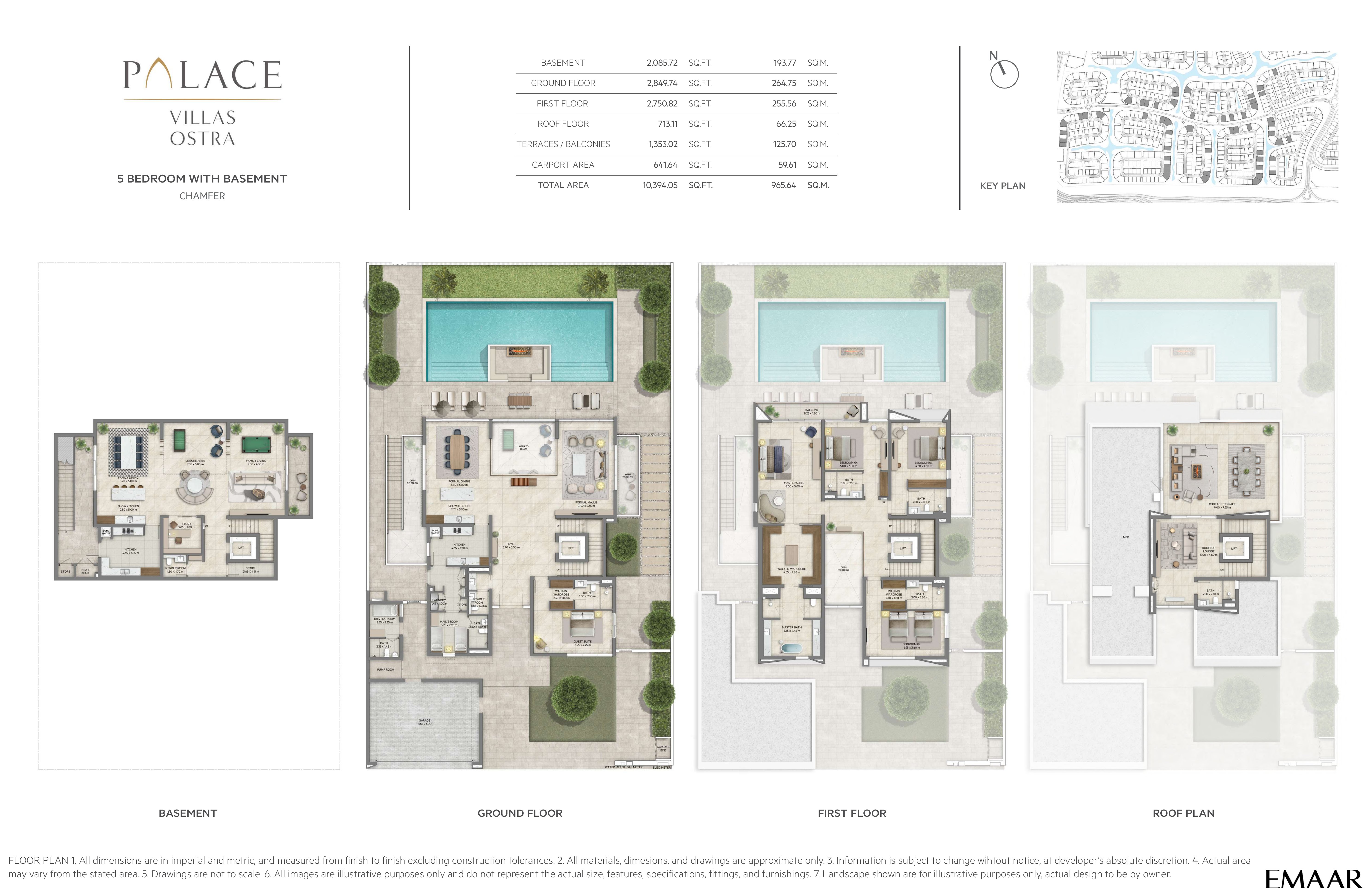 Palace Villas Ostra 5 Bedroom floor plan — 5 Bedroom with Basement, Chamfer – basement, ground, first and roof plans (10,394 sq ft total)