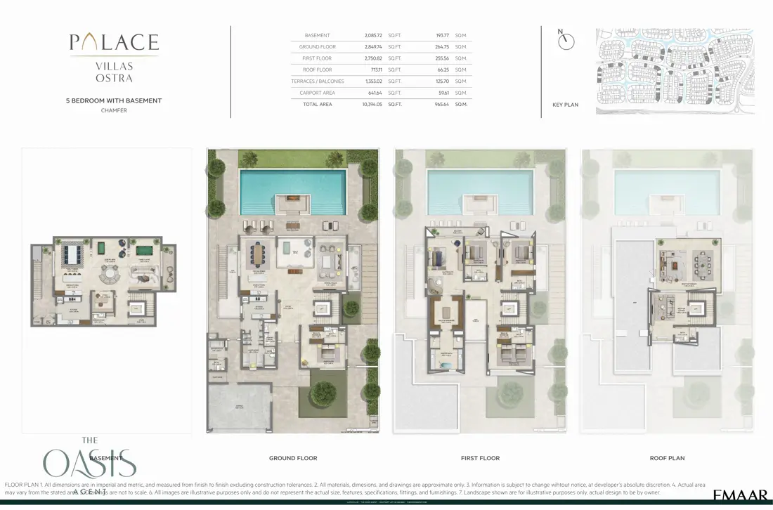 Palace Villas Ostra 5 Bedroom floor plan — 5 Bedroom with Basement, Chamfer – basement, ground, first and roof plans (10,394 sq ft total)