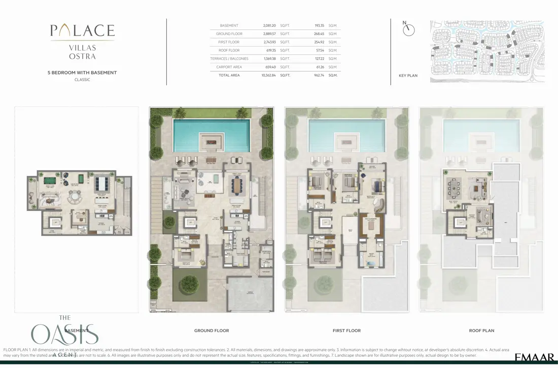 Palace Villas Ostra 5 Bedroom floor plan — 5 Bedroom with Basement, Classic – basement, ground, first and roof plans (10,363 sq ft total)