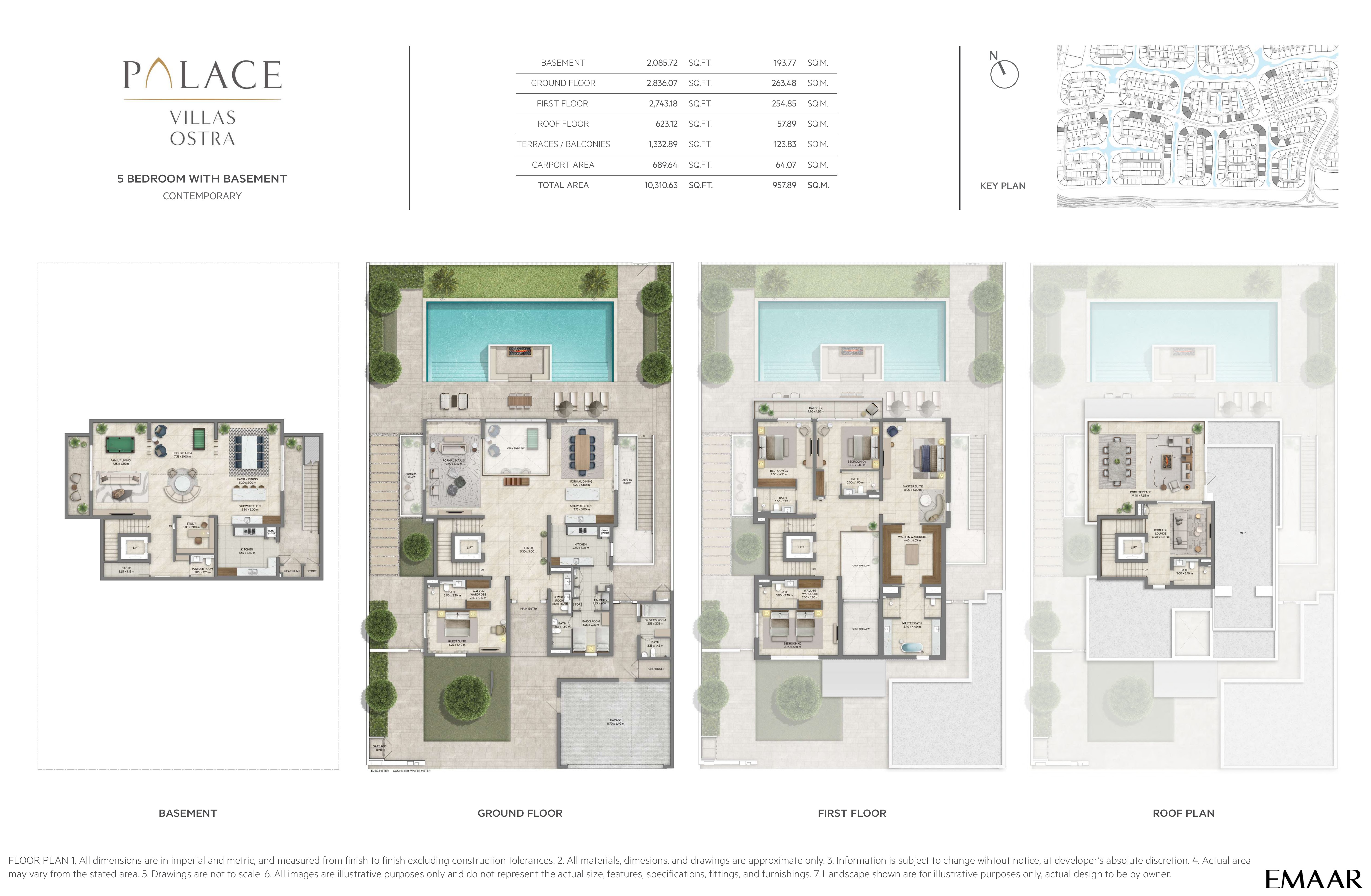 Palace Villas Ostra 5 Bedroom floor plan — 5 Bedroom with Basement, Contemporary – basement, ground, first and roof plans (10,311 sq ft total)