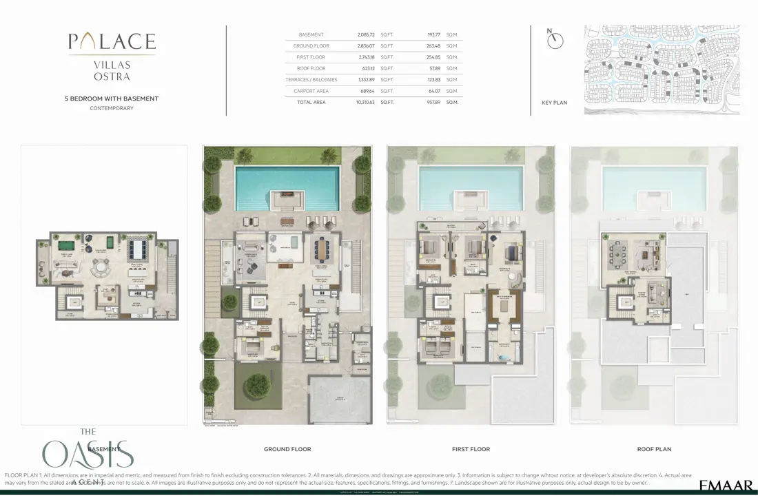 Palace Villas Ostra 5 Bedroom floor plan — 5 Bedroom with Basement, Contemporary – basement, ground, first and roof plans (10,311 sq ft total)