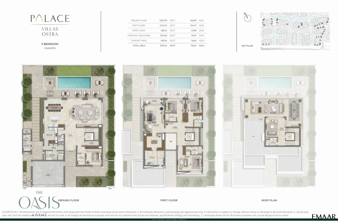 Palace Villas Ostra 5 Bedroom floor plan — 5 Bedroom, Chamfer – ground, first and roof plans (7,922 sq ft total)