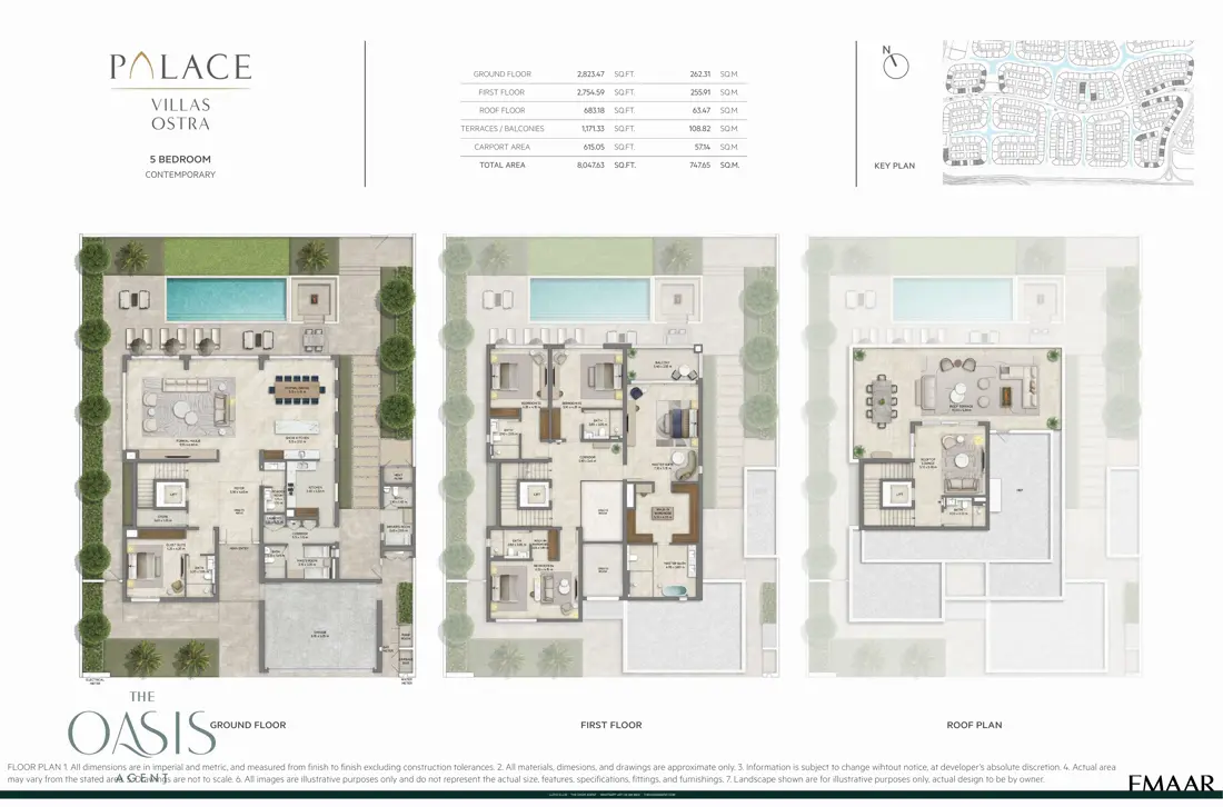 Palace Villas Ostra 5 Bedroom floor plan — 5 Bedroom, Contemporary – ground, first and roof plans (8,048 sq ft total)