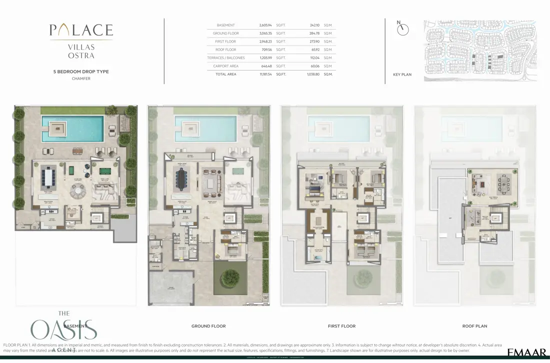 Palace Villas Ostra 5 Bedroom floor plan — 5 Bedroom Drop Type, Chamfer – basement, ground, first and roof plans (11,182 sq ft total)