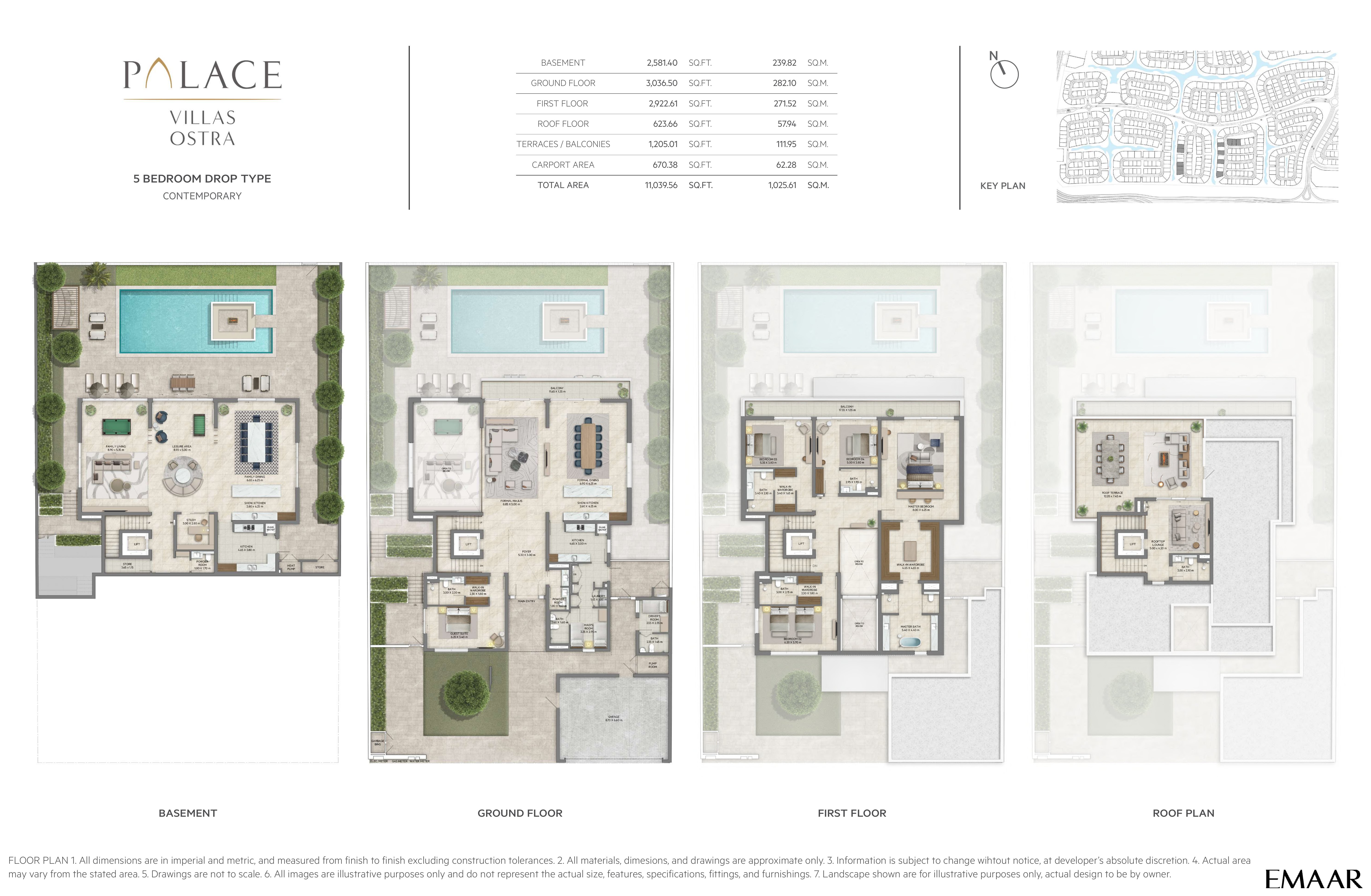 Palace Villas Ostra 5 Bedroom floor plan — 5 Bedroom Drop Type, Contemporary – basement, ground, first and roof plans (11,040 sq ft total)