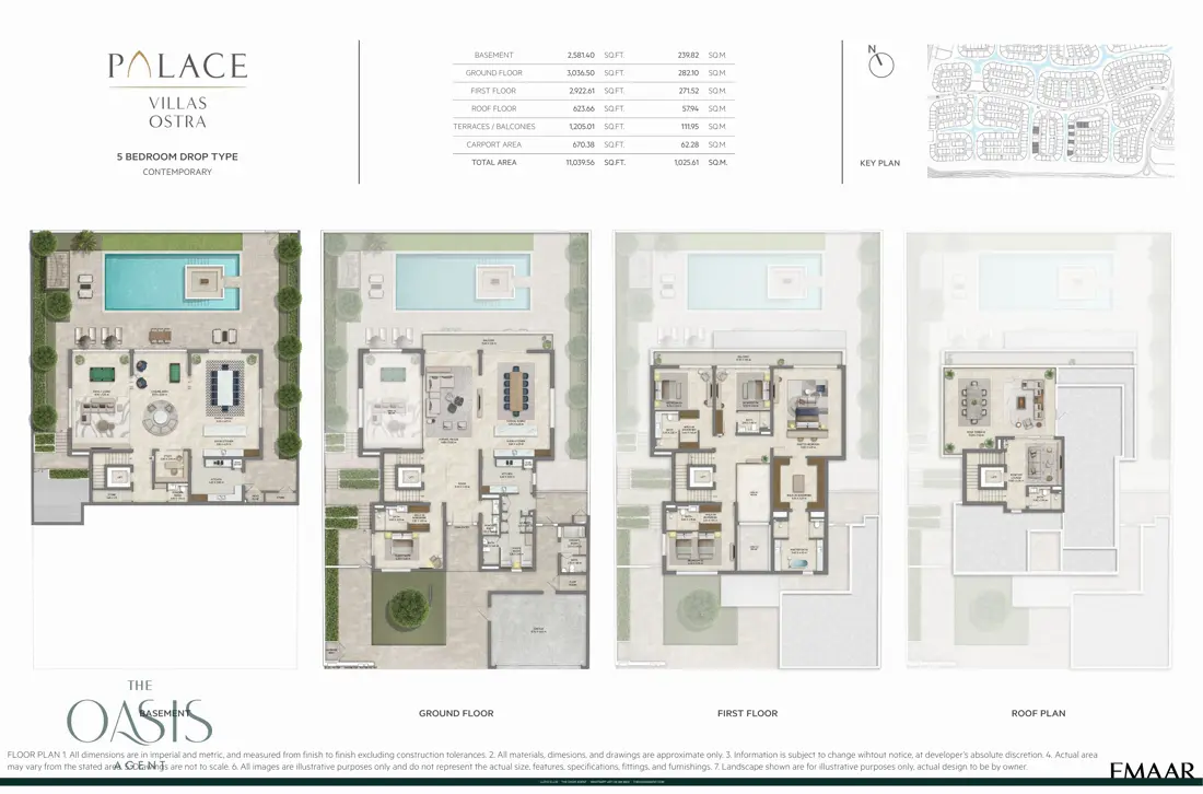 Palace Villas Ostra 5 Bedroom floor plan — 5 Bedroom Drop Type, Contemporary – basement, ground, first and roof plans (11,040 sq ft total)