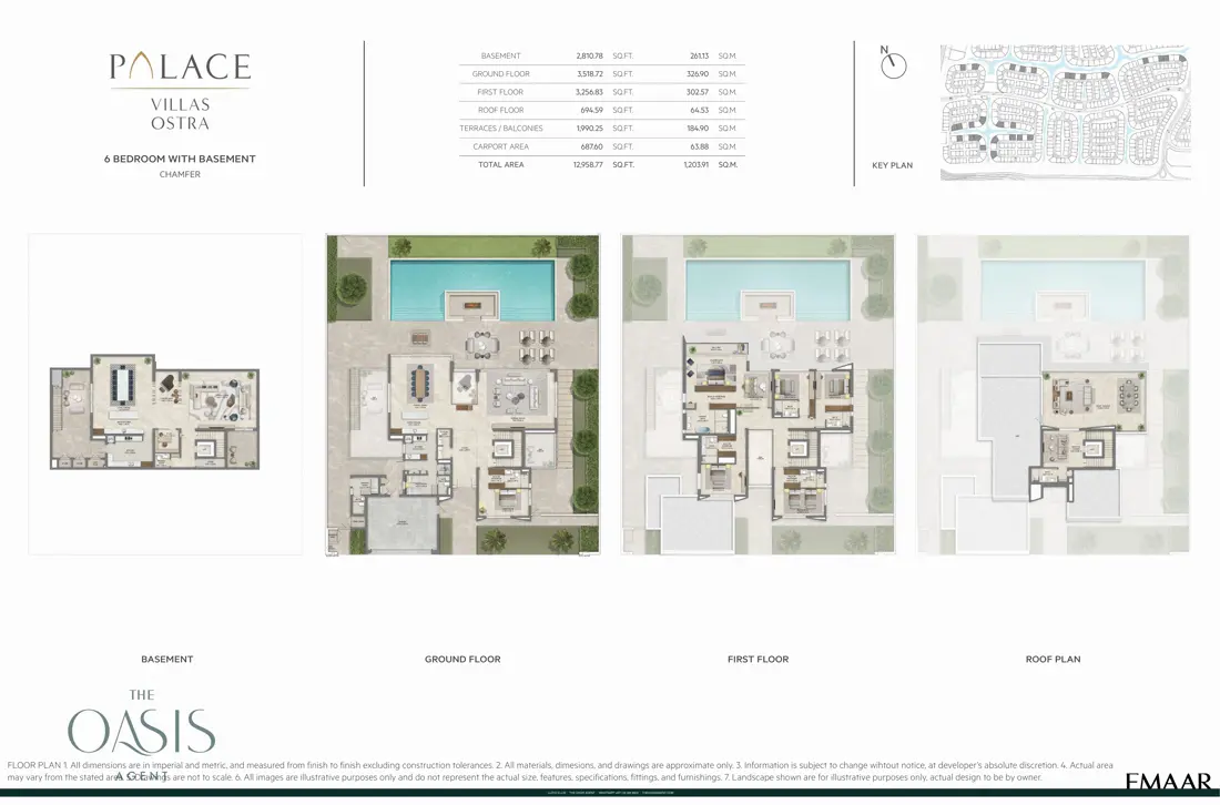 Palace Villas Ostra 6 Bedroom floor plan — 6 Bedroom with Basement, Chamfer – basement, ground, first and roof plans (12,959 sq ft total)