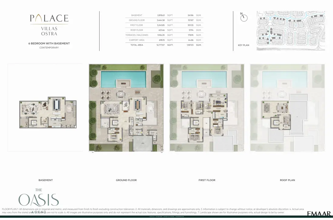 Palace Villas Ostra 6 Bedroom floor plan — 6 Bedroom with Basement, Contemporary – basement, ground, first and roof plans (12,777 sq ft total)