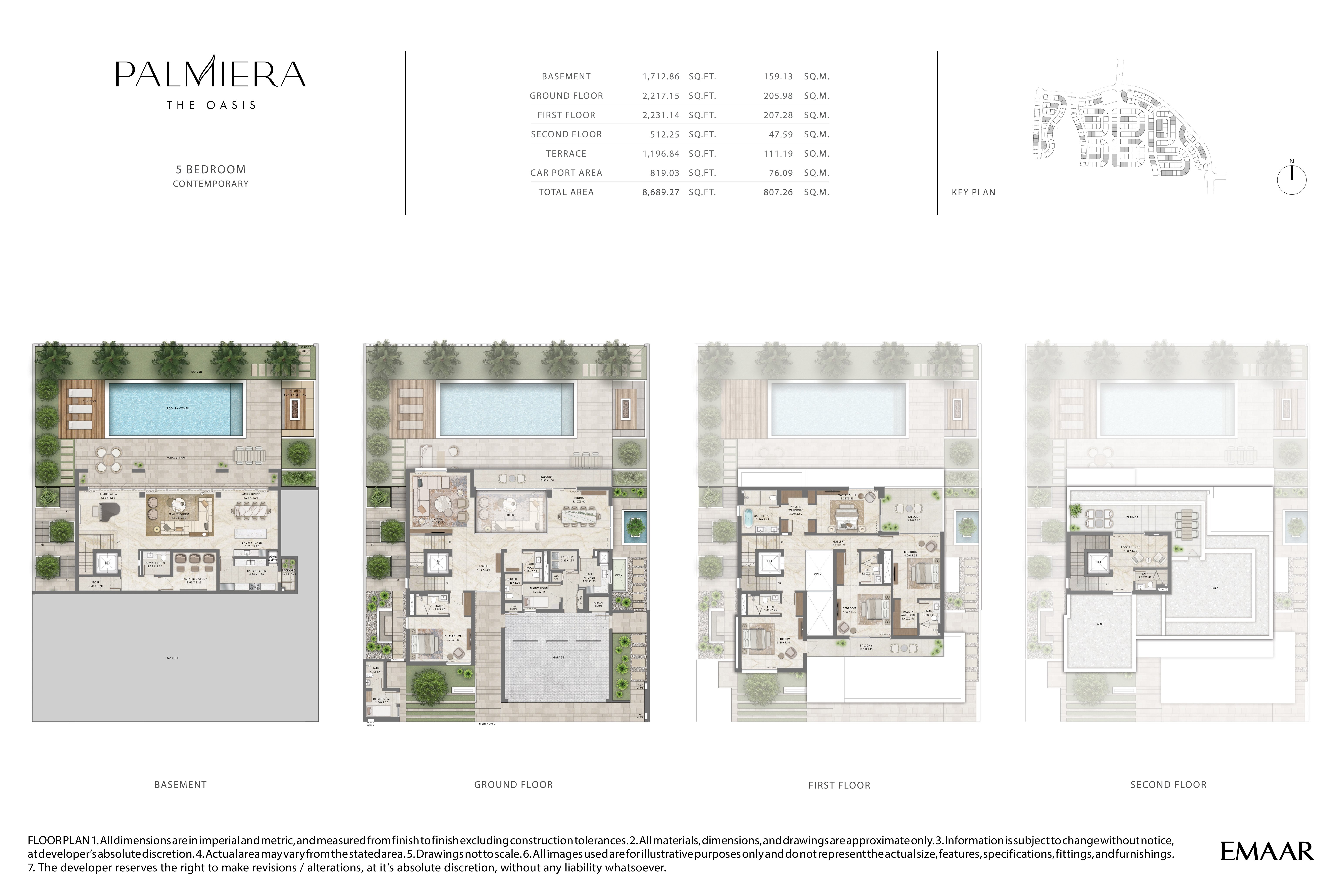 Palmeira 5 Bedroom Type 1 floor plan — Contemporary — basement, ground, first & second floor (8,689 sq ft total)