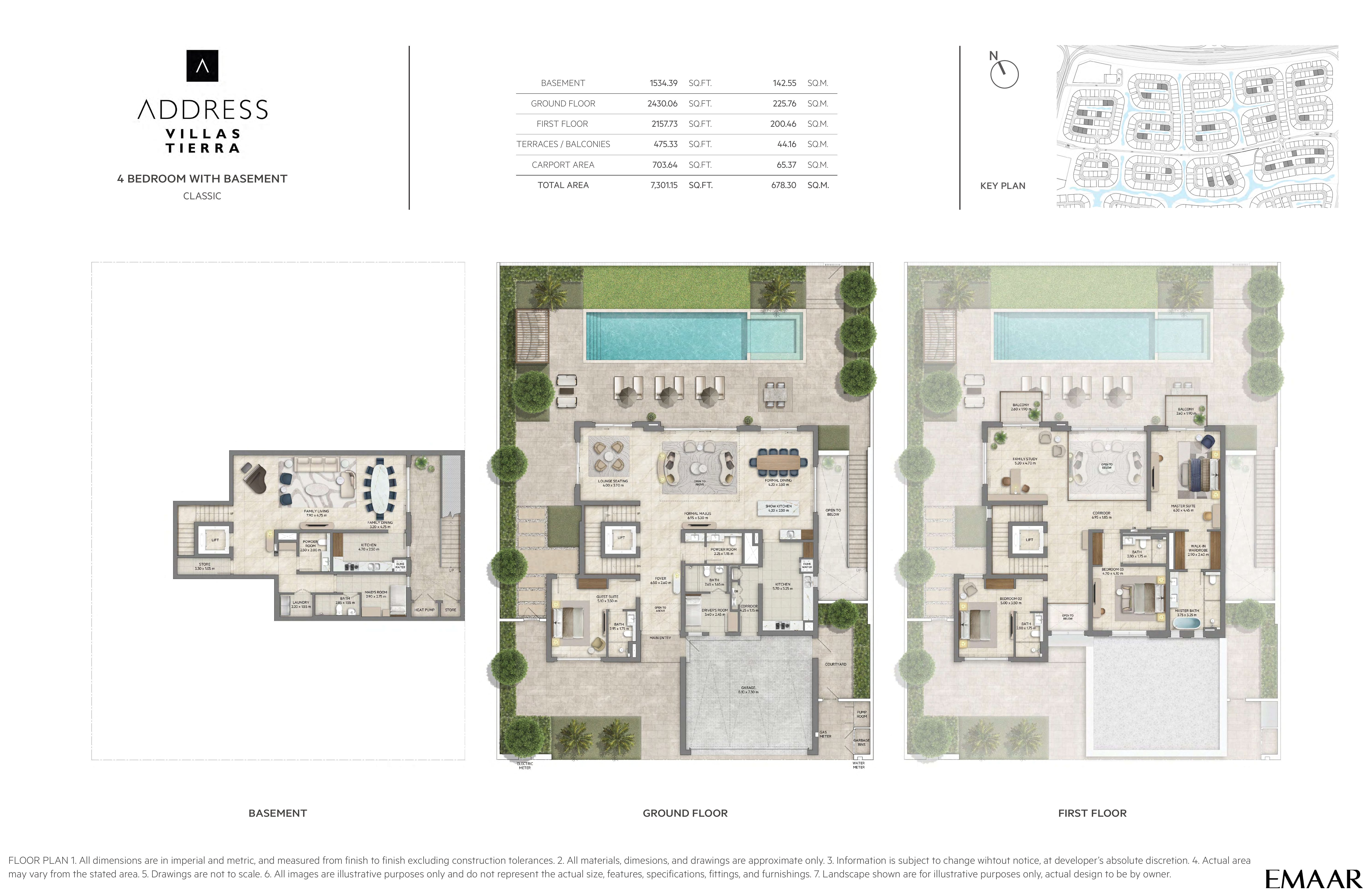Address Villas Tierra 4 Bedroom floor plan — Classic — basement, ground & first floor