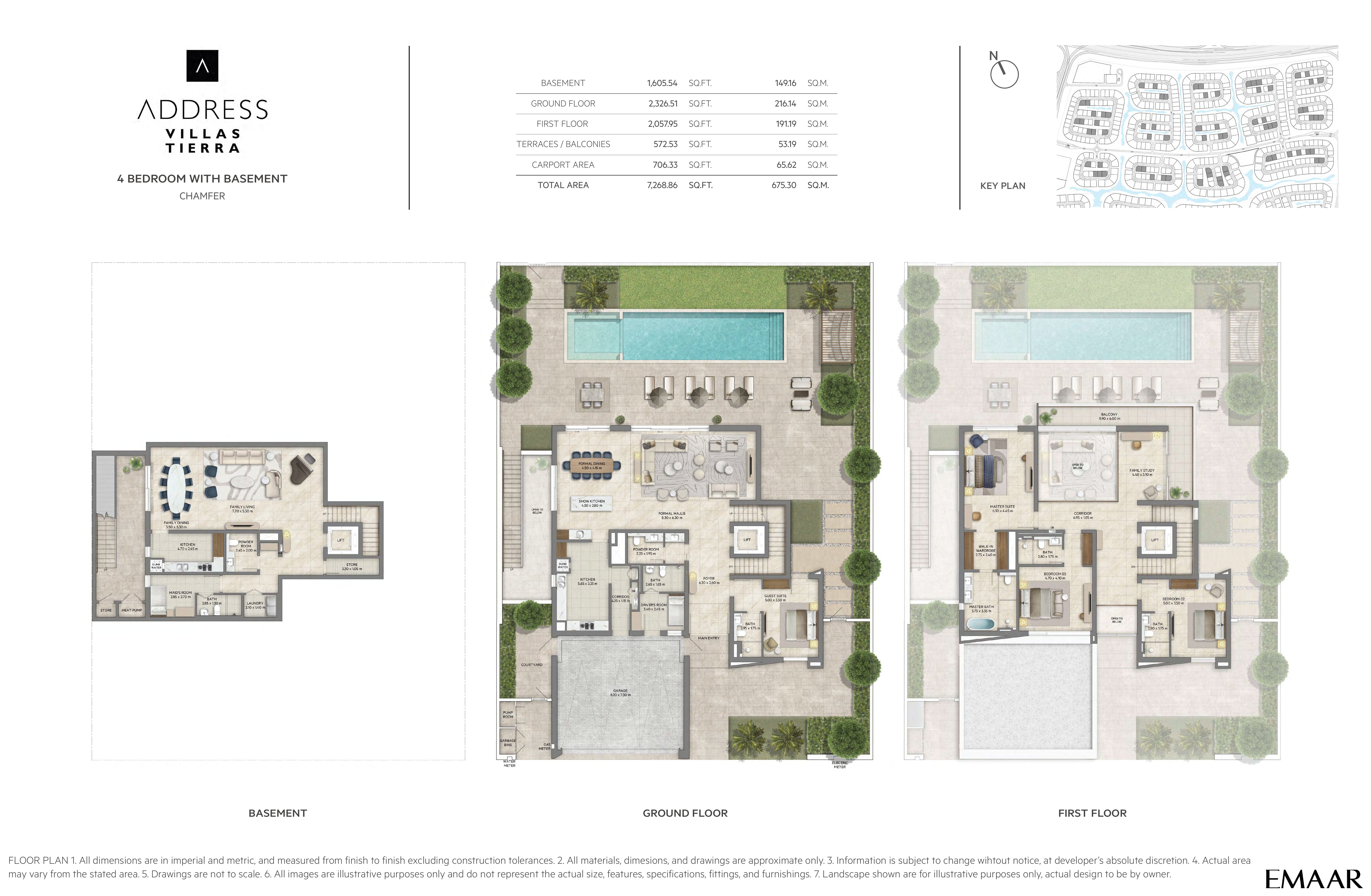 Address Villas Tierra 4 Bedroom floor plan — Chamfer — basement, ground & first floor