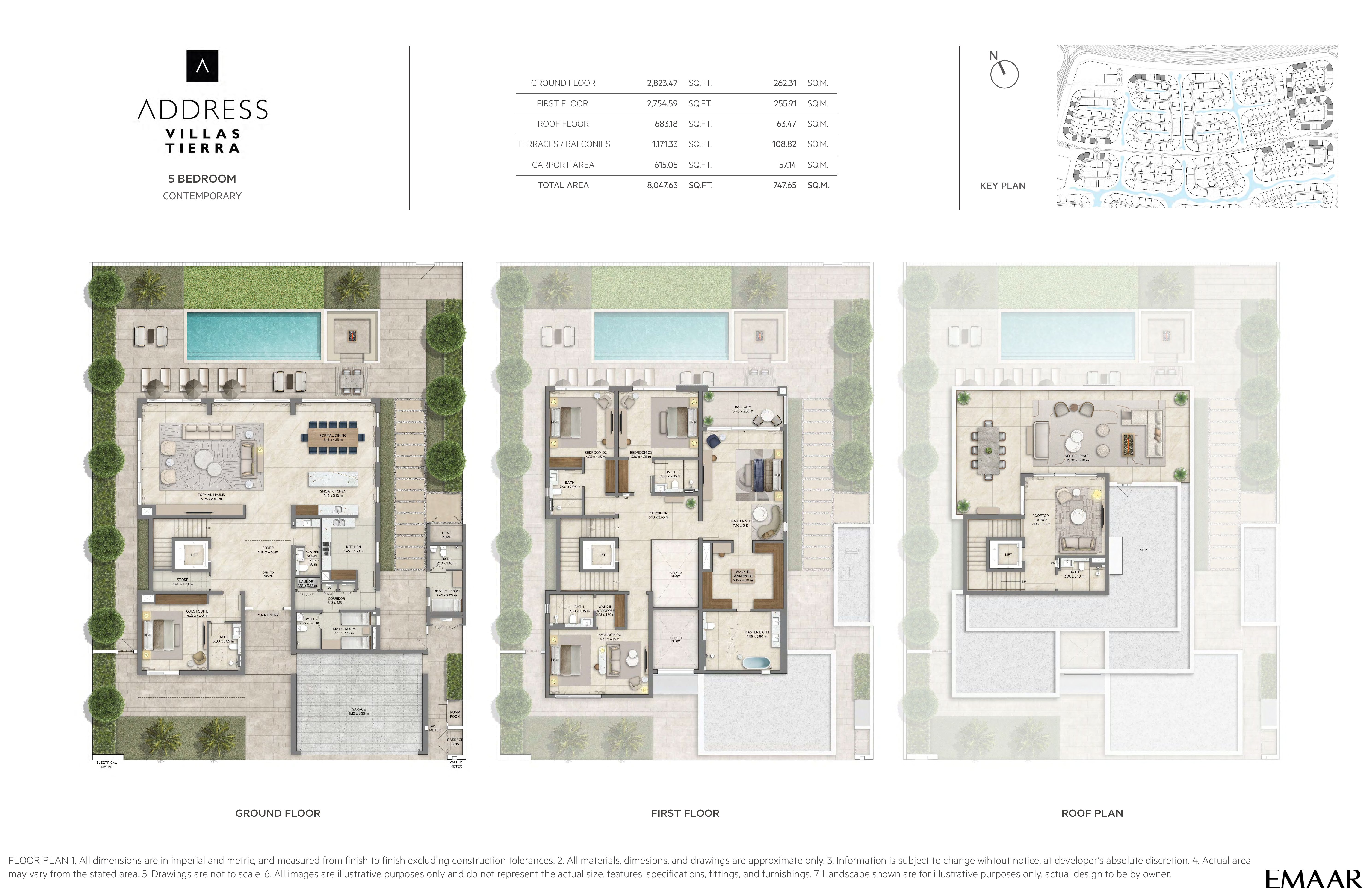 Address Villas Tierra 5 Bedroom floor plan — Contemporary — ground, first & roof plan