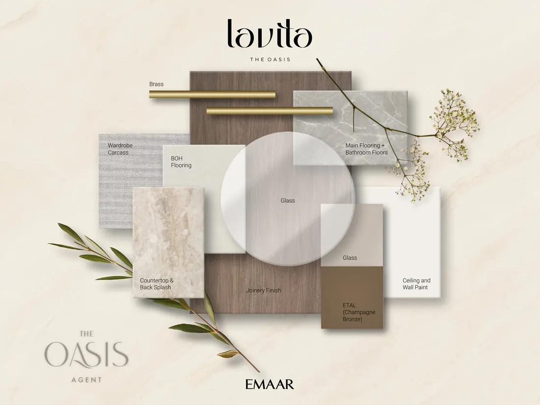 Lavita material board by Emaar: brass, timber joinery, veined stone, champagne bronze