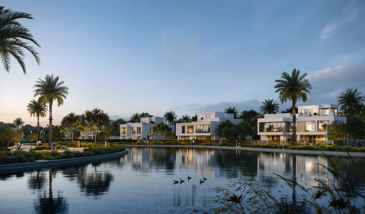 Waterfront villas at The Oasis by Emaar at twilight