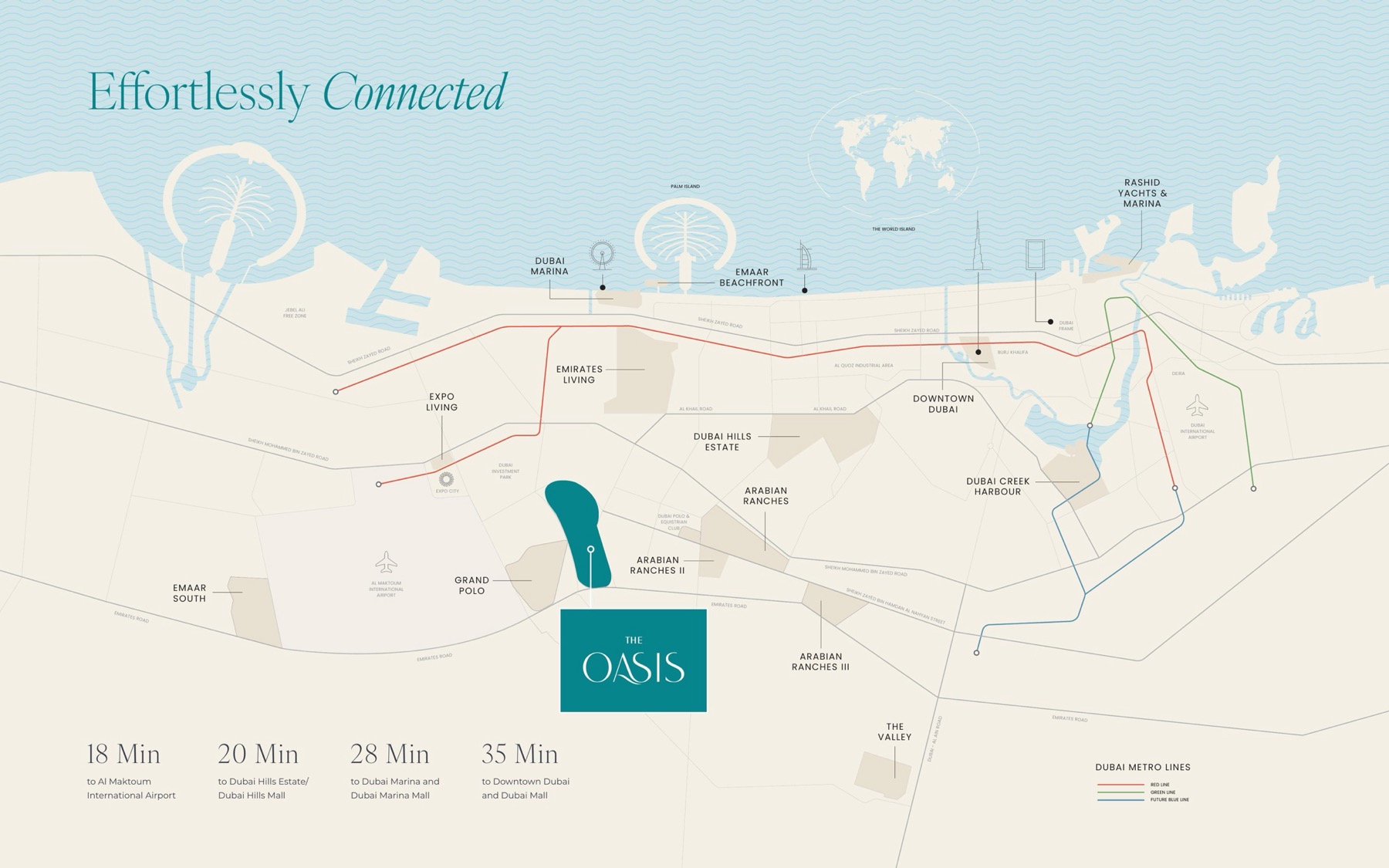 Map of Dubai showing where The Oasis by Emaar sits — between Al Maktoum International Airport, Arabian Ranches and Dubai Hills Estate, south of Downtown Dubai, Dubai Marina and Palm Jumeirah