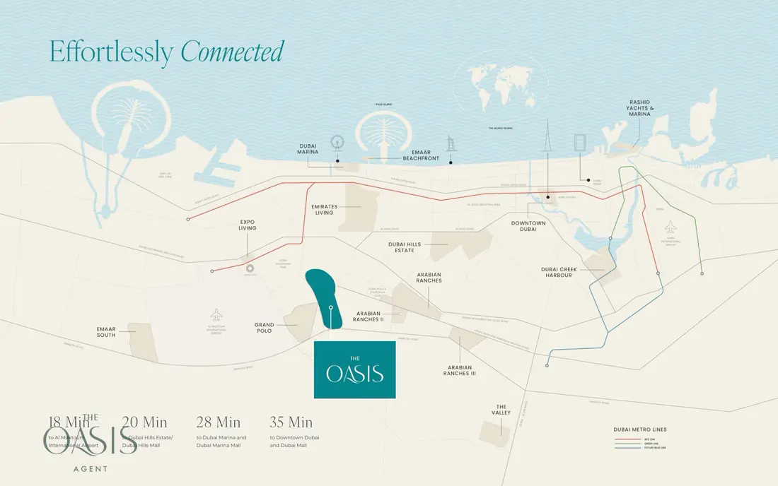 Map of Dubai showing where The Oasis by Emaar sits — between Al Maktoum International Airport, Arabian Ranches and Dubai Hills Estate, south of Downtown Dubai, Dubai Marina and Palm Jumeirah